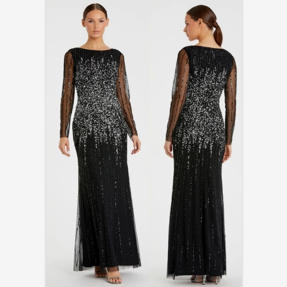 Mac Duggal Black High Neck Sequin Embellished Long Sleeve A Line Gown SZ 6  9226